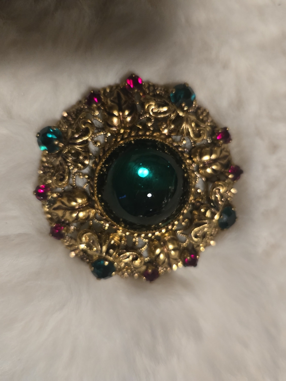 Vintage Gold Filigree Brooch with Emerald Green Cabochon and Fuchsia Accents